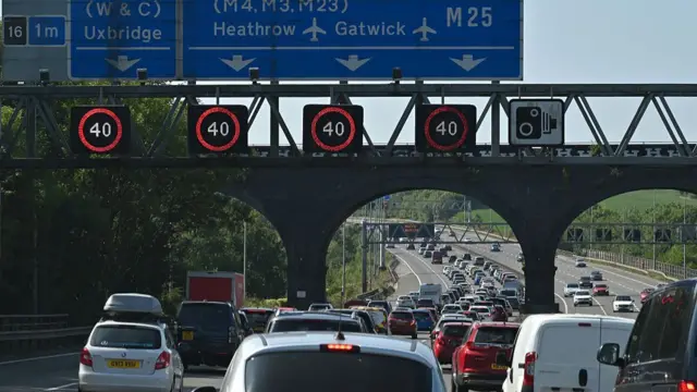 A long queue of traffic on a motorway. The queue goes under a bridge with 40 speed signs and direction signage pointing to Heathrow and Gatwick.