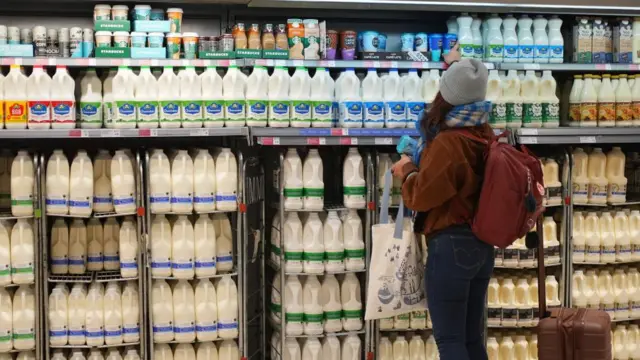 A person looking at milk in the supermarket