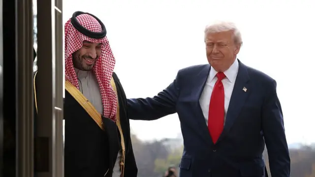 President Donald Trump (R) welcomes Crown Prince and Prime Minister Mohammed bin Salman of Saudi Arabia during an arrival ceremony at the White House on November 18, 2025