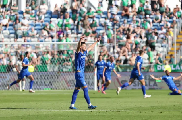 Malisheva's Keslin Shani celebrates Kreshnik Uka's goal to make it 1-0