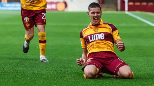 Moormann celebrates after scoring the opening goal for Motherwell