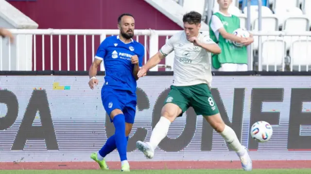 Malisheva's Kreshnik Uka and Hibs' Josh Mulligan