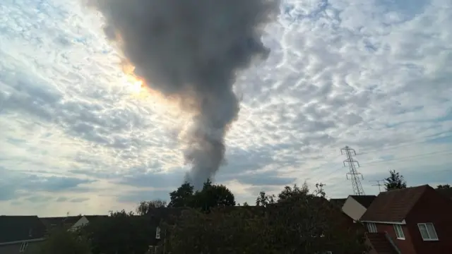 A tall tower of smoke rising above trees and houses.