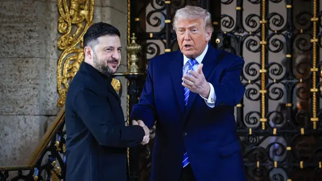 Trump and Zelensky shaking hands in front of a gilded gate