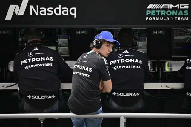 Mercedes driver Kimi Antonelli on the pit wall during Hungarian Grand Prix first practice