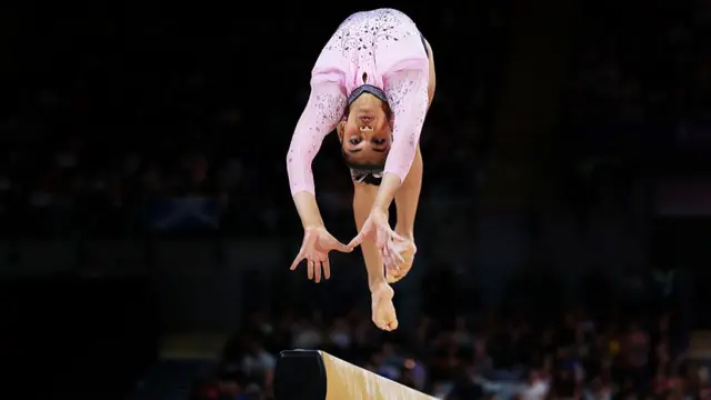 Tiana Sumanasekera of Team Sri Lanka competes in Balance Beam