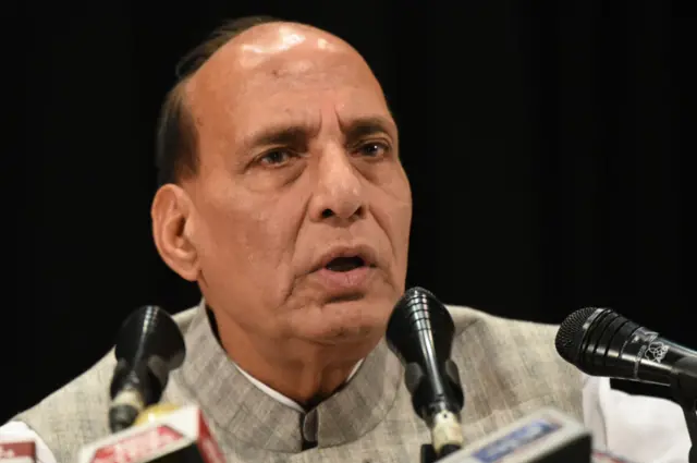 Mr. Rajnath Singh Indian Union Minister of Home Affairs and Indian ruling political party Bharatiya Janata Party senior leader at Meet the press after the end her Party Workers Internal Meeting for new plan coming Bengal Panchayat Election on April 14,2017 in Kolkata,India.
