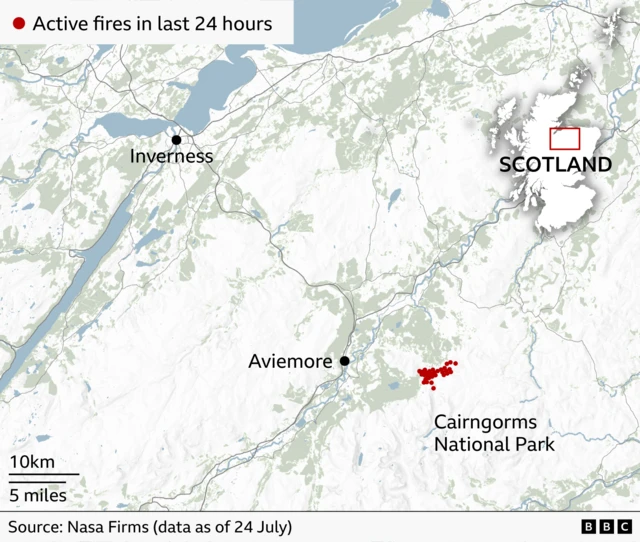 A map of the Scottish Highlands, showing an area of red in Cairngorms National Park labelled "active fires in the last 24 hours".