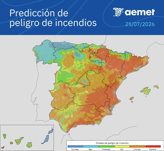 Map of Spain shows fire risk with highest risk areas in north-east and east, coloured in red for "extreme" risk