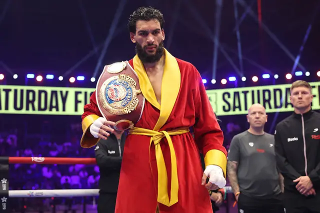 Hamzah Sheeraz with the WBO super-middleweight title