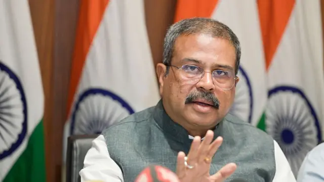 Dharmendra Pradhan addresses a press conference at his residence