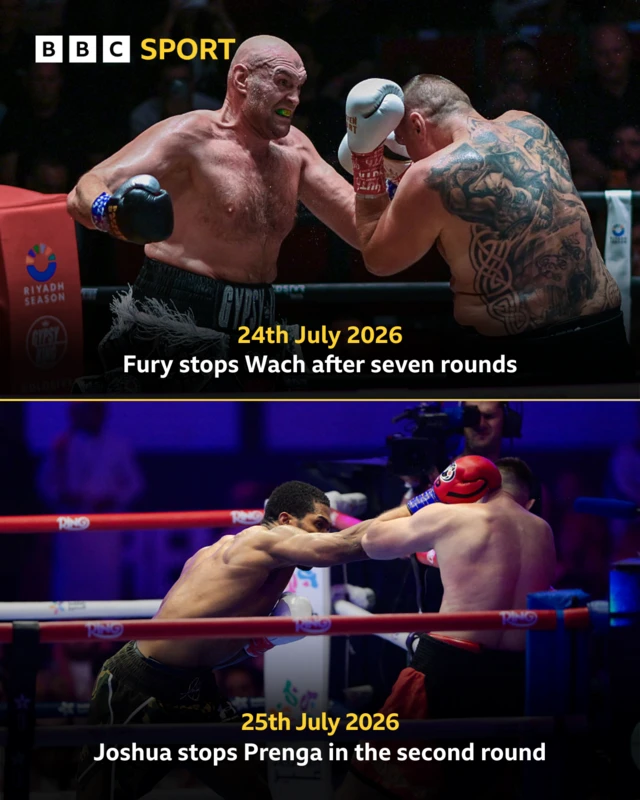 A top image showing Tyson Fury punching Mariusa Wach and a below image showing Anthony Joshua punching Kristian Prenga