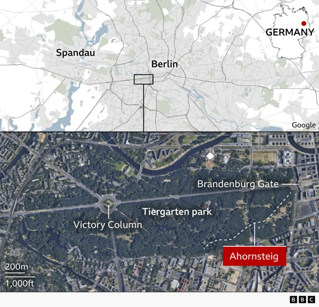 A map showing Berlin, where the attack was, and Spandau where the suspect was killed