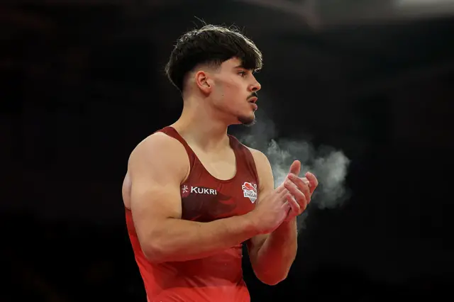 Gabriel Langton of Team England looks on after competing in Floor Exercise