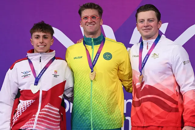 Jersey's Filip Nowacki (L), Australia's Sam Williamson (C) and England's Adam Ramsay-Peaty celebrate during the Men's 100m Breaststroke Medal Ceremony