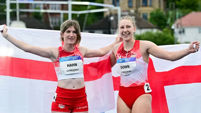 Sophie Hahn and Maddie Down celebrate after winning gold and bronze