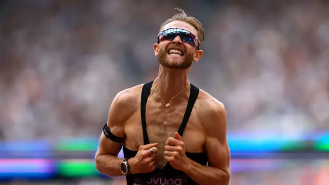 Josh Kerr celebrates his world record at the London Diamond League earlier this month