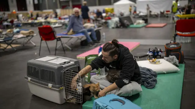 A man crouches over two cats leaving a container