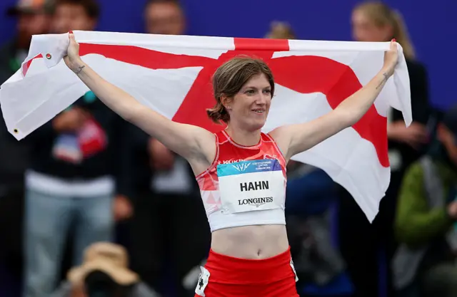 Gold medalist Sophie Hahn of Team England celebrates victory in the Women's 100 Metres T38 Final