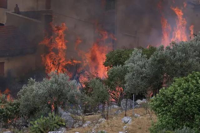 Firefighters tackle a blaze near Torretta, outside Palermo on the island of Sicily