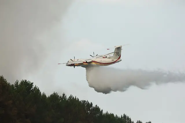 Specialist aircraft drops water on a fire burning in a forest in south-western France