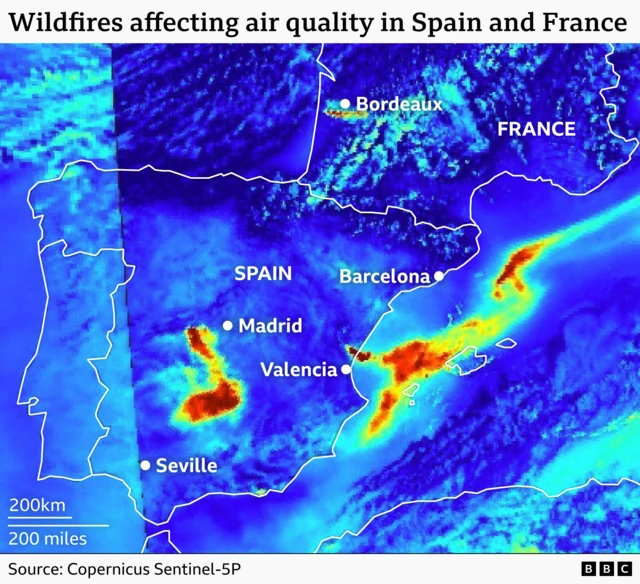 Map of Spain and southern France showing atmospheric aerosol concentrations detected by the Copernicus Sentinel-5P satellite. Colours range from blue (lower aerosol levels) to yellow, orange and red (higher concentrations of smoke and airborne particles). Large red-orange plumes are visible in east-central Spain, south of Madrid, and across the western Mediterranean near Valencia and the Balearic Islands, indicating wildfire smoke affecting air quality. Additional elevated aerosol levels appear near Bordeaux in southwestern France. Major cities including Madrid, Barcelona, Valencia, Seville and Bordeaux are labelled. Title: “Wildfires affecting air quality in Spain and France.” Source: Copernicus Sentinel-5P.