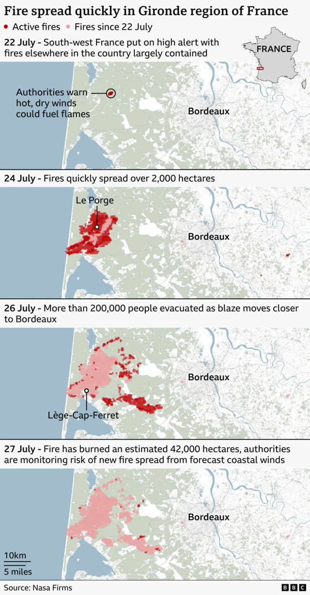 A map showing how fire spread quickly in the Gironde region of France