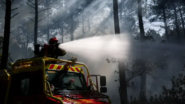 A firefighter sprays water from the roof of an emergency vehicle in a forest clouded in smoke