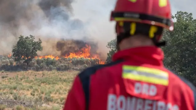 A view over the shoulder of a firefighter, with a large set of flames and smoke billowing from them.