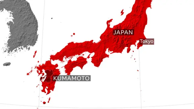 A simple map showing the location of Kumamoto in Japan's south