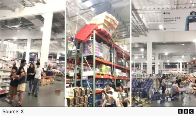 Three screengrabs from the video, one showing an adult holding two children in their arms, a second showing pallets falling off shelves and a third showing stacks of items fallen over