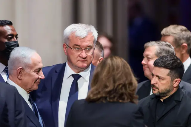 Israeli Prime Minister Benjamin Netanyahu, Ukrainian Foreign Minister Andrii Sybiha, Ukrainian President Volodymyr Zelenskiy and other officials on the day of the funeral service for late U.S. Senator Lindsey Graham