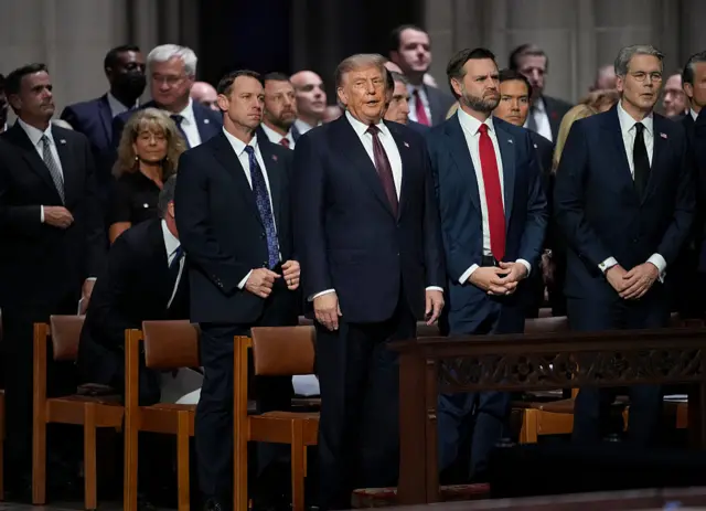 U.S. President Donald Trump, U.S. Vice President JD Vance, and U.S. Treasury Secretary Scott Bessent attend the funeral service for the late U.S. Sen. Lindsey Graham (R-SC) at the Washington National Cathedral on July 28, 2026