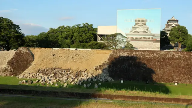 A stone wall at Kumamoto Castle collapsed following the earthquake