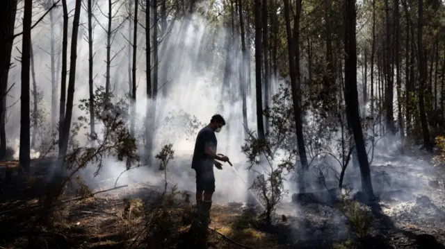 A volunteer with a FFPS face mask uses a hose to water parts of a forest, smoke rising from the ground