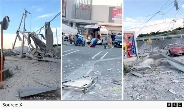 Three screengrabs from the videos, showing a collapsed awning in one, the ambulance and some debris next to the wall in the second and subbed in a car park next to a damaged car in the third