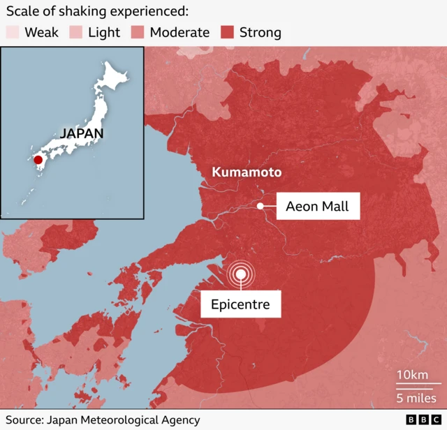 Map showing the location of earthquake in Kumamoto and the epicentre and Aeon Mall