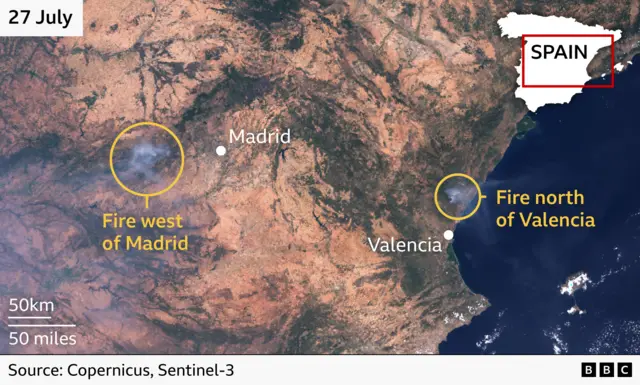 A satellite image of central-eastern Spain where we have circled smoke coming from two fires Madrid to the west and Valencia to the east