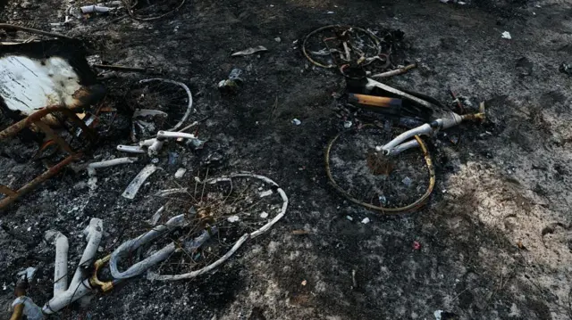Burnt bicycles at Le Grand-Crohot Ocean camping site, around 50km (31 miles) west of Bordeaux