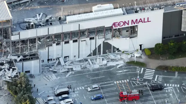 An aerial shot of a damaged mall