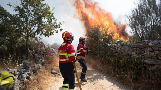 Two firefighters carry a hose towards a blaze beside a brick wall on a country road.