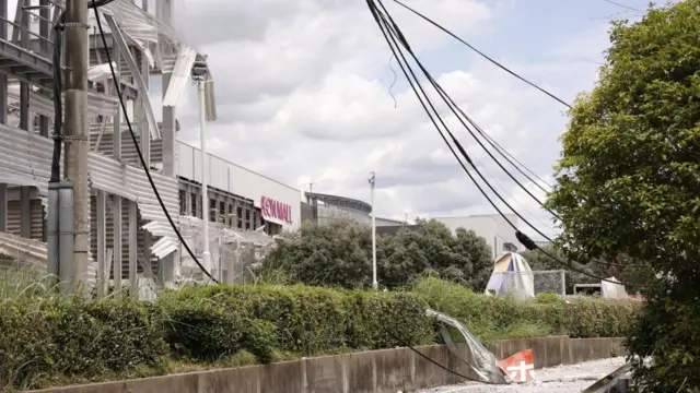 A view of the heavily damaged Aeon Mall Kumamoto building in Kashima, Kumamoto Prefecture, southwestern Japan
