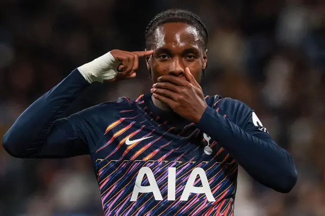 Tottenham's Mathys Tel celebrates scoring a goal