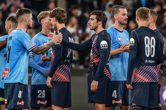 Sydney's and Tottenham's players greet each other at the end of the Sydney Super Cup