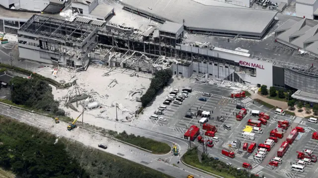 An aerial view of the exploded mall