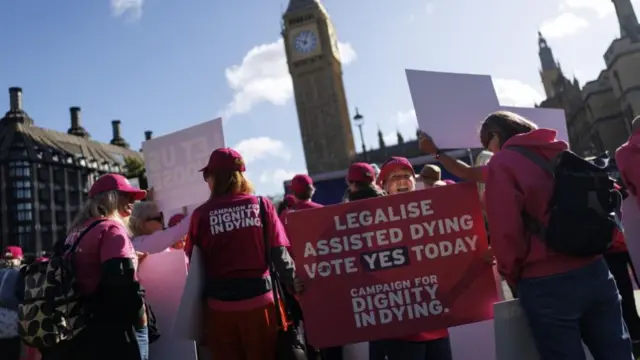Pro-assisted dying campaigners stand with placards outside Parliament