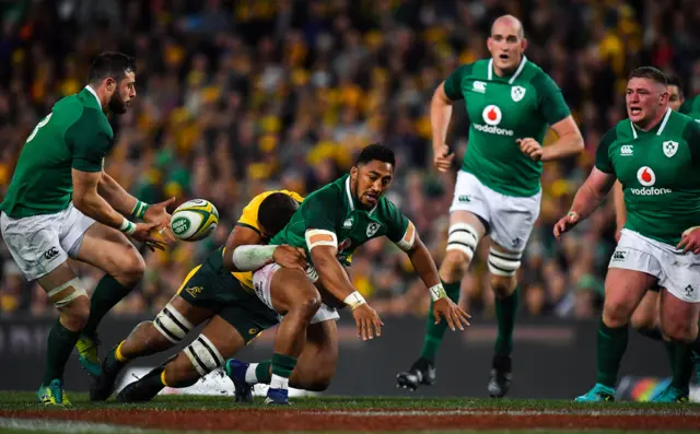 Bundee Aki is tackled in Ireland's game with Australia in 2018