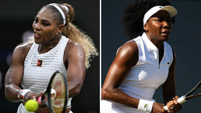 Serena Williams hits a tennis ball with a racquet and Venus Williams holds a tennis racquet