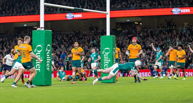 Mack Hansen scores his hat-trick try