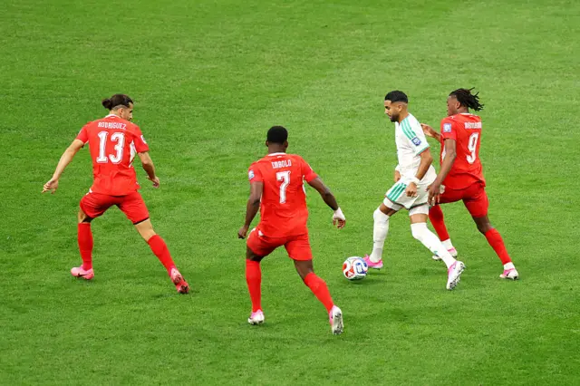 Riyad Mahrez controls the ball against Ricardo Rodriguez, Breel Embolo and Johan Manzambi #9
